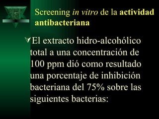 Screening  in vitro  de la  actividad antibacteriana El extracto hidro-alcohólico total a una concentración de 100 ppm dió como resultado una porcentaje de inhibición bacteriana del 75% sobre las siguientes bacterias: 