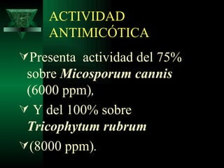 ACTIVIDAD ANTIMICÓTICA Presenta  actividad del   75% sobre   Micosporum cannis  (6000 ppm) ,  Y del 100% sobre  Tricophytum rubrum   (8000 ppm) . 