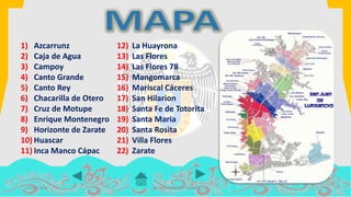 1) Azcarrunz
2) Caja de Agua
3) Campoy
4) Canto Grande
5) Canto Rey
6) Chacarilla de Otero
7) Cruz de Motupe
8) Enrique Montenegro
9) Horizonte de Zarate
10) Huascar
11) Inca Manco Cápac
12) La Huayrona
13) Las Flores
14) Las Flores 78
15) Mangomarca
16) Mariscal Cáceres
17) San Hilarion
18) Santa Fe de Totorita
19) Santa Maria
20) Santa Rosita
21) Villa Flores
22) Zarate
14/07/2016 COLOMA LEANDRO XIMENA
 