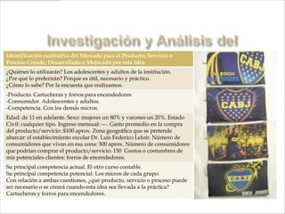 Identificación cualitativa del Mercado para el Producto, Servicio o
Proceso Creado, Desarrollado o Mejorado por esta Idea
¿Quiénes lo utilizarán? Los adolescentes y adultos de la institución.
¿Por qué lo preferirán? Porque es útil, necesario y práctico.
¿Cómo lo sabe? Por la encuesta que realizamos.
-Producto. Cartucheras y forros para encendedores.
-Consumidor. Adolescentes y adultos.
-Competencia. Con los demás micros.
Edad: de 11 en adelante. Sexo: mujeres un 80% y varones un 20%. Estado
Civil: cualquier tipo. Ingreso mensual: ---. Gasto promedio en la compra
del producto/servicio: $100 aprox. Zona geográfica que se pretende
abarcar: el establecimiento escolar Dr. Luis Federico Leloir. Número de
consumidores que viven en esa zona: 300 aprox. Número de consumidores
que podrían comprar el producto/servicio: 150 Gustos o costumbres de
mis potenciales clientes: forros de encendedores.
Su principal competencia actual. El otro curso contable.
Su principal competencia potencial. Los micros de cada grupo.
Con relación a ambas cuestiones, ¿qué producto, servicio o proceso puede
ser necesario o se creará cuando esta idea sea llevada a la práctica?
Cartucheras y forros para encendedores.
 