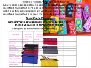 Duración de Ejecución
Este proyecto está pensado estar una duración de 8
      meses ya que es la duración del colegio.
    Cronograma de actividades de la microempresa:

     ACTIVIDAD              FECHA DE            FECHA DE           RESPONSABLE            OBSERVACIONES
                           INICIACIÓN          FINALIZACION
Organización Practica    31/05/12       06/06/12              Cretin, Romero

Realización          de 02/07/12        11/08/12              Cretin, Romero y Zacarías
compras
Producción               12/08/12       30/09/12              Romero y Zacarías
Plan de negocio          15/07/12       30/09/12              Cretin
Armamos       toda    la 18/09/12       27/09/12              Cretin y Zacarías
producción
Últimos   detalles   del 26/09/12       30/09/12              Cretin y Romero
micro emprendimiento

Fotocopiamos todo el 30/09/12           ----                  Cretin
plan de negocio
 