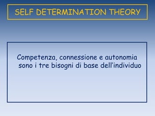 SELF DETERMINATION THEORY
Competenza, connessione e autonomia
sono i tre bisogni di base dell‟individuo
 