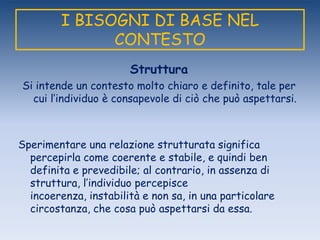 I BISOGNI DI BASE NEL
CONTESTO
Struttura
Si intende un contesto molto chiaro e definito, tale per
cui l‟individuo è consapevole di ciò che può aspettarsi.
Sperimentare una relazione strutturata significa
percepirla come coerente e stabile, e quindi ben
definita e prevedibile; al contrario, in assenza di
struttura, l‟individuo percepisce
incoerenza, instabilità e non sa, in una particolare
circostanza, che cosa può aspettarsi da essa.
 