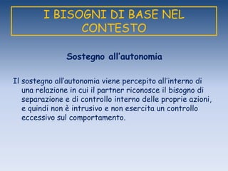 I BISOGNI DI BASE NEL
CONTESTO
Sostegno all’autonomia
Il sostegno all‟autonomia viene percepito all‟interno di
una relazione in cui il partner riconosce il bisogno di
separazione e di controllo interno delle proprie azioni,
e quindi non è intrusivo e non esercita un controllo
eccessivo sul comportamento.
 