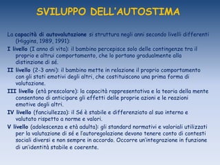 SVILUPPO DELL’AUTOSTIMA
La capacità di autovalutazione si struttura negli anni secondo livelli differenti
(Higgins, 1989, 1991):
I livello (I anno di vita): il bambino percepisce solo delle contingenze tra il
proprio e altrui comportamento, che lo portano gradualmente alla
distinzione di sé.
II livello (2-3 anni): il bambino mette in relazione il proprio comportamento
con gli stati emotivi degli altri, che costituiscono una prima forma di
valutazione.
III livello (età prescolare): la capacità rappresentativa e la teoria della mente
consentono di anticipare gli effetti delle proprie azioni e le reazioni
emotive degli altri.
IV livello (fanciullezza): il Sé è stabile e differenziato al suo interno e
valutato rispetto a norme e valori.
V livello (adolescenza e età adulta): gli standard normativi e valoriali utilizzati
per la valutazione di sé e l‟autoregolazione devono tenere conto di contesti
sociali diversi e non sempre in accordo. Occorre un‟integrazione in funzione
di un‟identità stabile e coerente.
 
