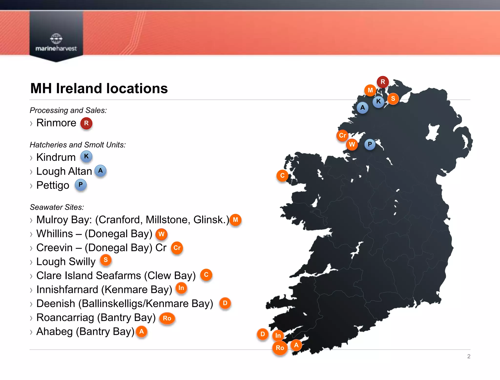 MH Ireland locations
2
Processing and Sales:
› Rinmore
Hatcheries and Smolt Units:
› Kindrum
› Lough Altan
› Pettigo
Seawater Sites:
› Mulroy Bay: (Cranford, Millstone, Glinsk.)
› Whillins – (Donegal Bay)
› Creevin – (Donegal Bay) Cr
› Lough Swilly
› Clare Island Seafarms (Clew Bay)
› Innishfarnard (Kenmare Bay)
› Deenish (Ballinskelligs/Kenmare Bay)
› Roancarriag (Bantry Bay)
› Ahabeg (Bantry Bay)
Ro
K
K
A
D
S
In
M
W
Cr
C
A
P
R
S
R
M
A
Cr
W P
C
D In
Ro A
 