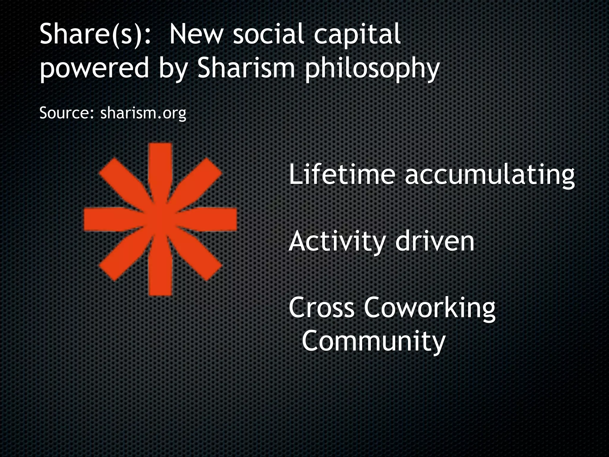 Share(s): New social capital
powered by Sharism philosophy
Source: sharism.org


                      Lifetime accumulating

                      Activity driven

                      Cross Coworking
                       Community
 