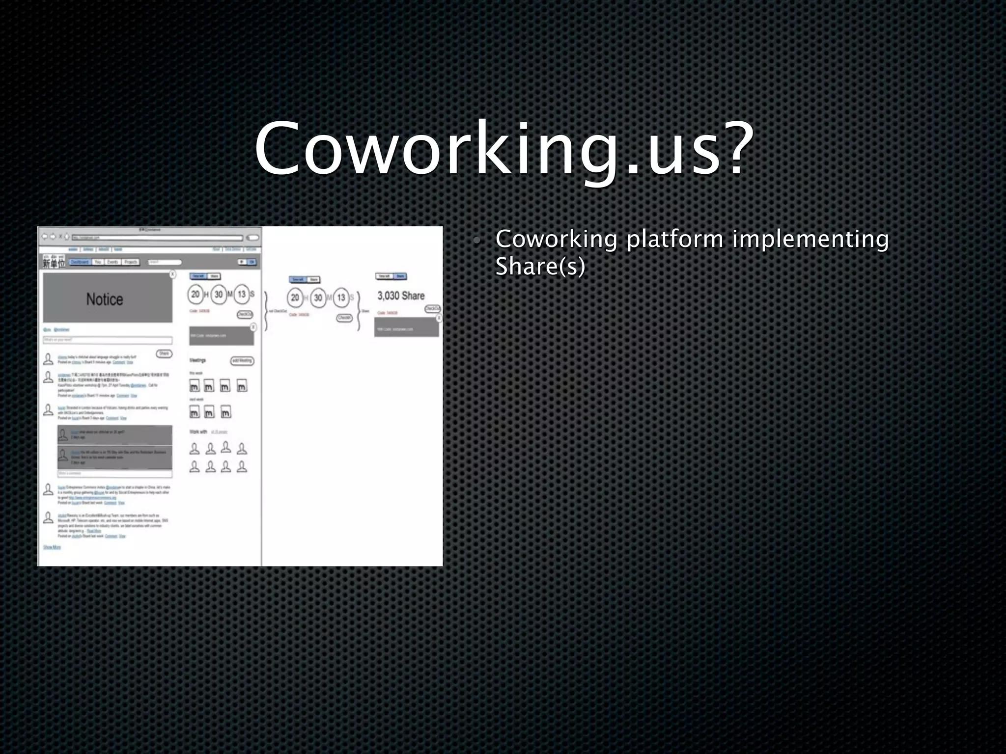 Coworking.us?
     • Coworking platform implementing
       Share(s)
 