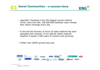 Social Communities – a success story
01

                            • „Republic“ Facebook is the 4th biggest country behind
                              China, India and USA. 300.000.000 facebook users change
                              their status message every day.


                            • In the last 60 seconds 15 hours of video material has been
                              uploaded onto youtube. If you add all videos material
                              together it equals 3.500 years of content (and growing)


                            • Twitter had 1000% growth last year




Source: Sueddeutsche.de 19.09.2009


                       Ralf Ahamer – CMO XING AG
 