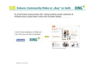 08 Exkurs: Community Make or „Buy“ or both
   ¾ of all brand communities fail. Using existing social networks &
   infrastructure could lower costs and increase speed.




   - Over 2k Ikea employees on XING.com
   - Over 90k users are fans on facebook




                                             Ikea community „Hej“ recently started




     Ralf Ahamer – CMO XING AG
 
