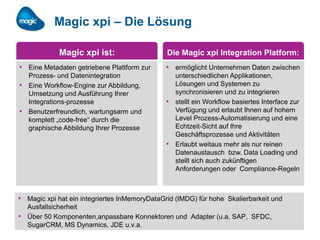 Hall
deut
sch
Magic xpi – Die Lösung
Magic xpi ist:
• Eine Metadaten getriebene Plattform zur
Prozess- und Datenintegration
• Eine Workflow-Engine zur Abbildung,
Umsetzung und Ausführung Ihrer
Integrations-prozesse
• Benutzerfreundlich, wartungsarm und
komplett „code-free“ durch die
graphische Abbildung Ihrer Prozesse
Die Magic xpi Integration Platform:
• ermöglicht Unternehmen Daten zwischen
unterschiedlichen Applikationen,
Lösungen und Systemen zu
synchronisieren und zu integrieren
• stellt ein Workflow basiertes Interface zur
Verfügung und erlaubt Ihnen auf hohem
Level Prozess-Automatisierung und eine
Echtzeit-Sicht auf Ihre
Geschäftsprozesse und Aktivitäten
• Erlaubt weitaus mehr als nur reinen
Datenaustausch bzw. Data Loading und
stellt sich auch zukünftigen
Anforderungen oder Compliance-Regeln
• Magic xpi hat ein integriertes InMemoryDataGrid (IMDG) für hohe Skalierbarkeit und
Ausfallsicherheit
• Über 50 Komponenten,anpassbare Konnektoren und Adapter (u.a. SAP, SFDC,
SugarCRM, MS Dynamics, JDE u.v.a.
 