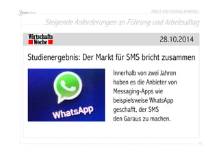 ARBEIT UND FÜHRUNG IM WANDEL 
Steigende Anforderungen an Führung und Arbeitsalltag 
13 
28.10.2014 
Studienergebnis: Der Markt für SMS bricht zusammen 
Innerhalb von zwei Jahren 
haben es die Anbieter von 
Messaging-Apps wie 
beispielsweise WhatsApp 
geschafft, der SMS 
den Garaus zu machen. 
 