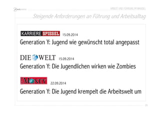 ARBEIT UND FÜHRUNG IM WANDEL 
Steigende Anforderungen an Führung und Arbeitsalltag 
29 
15.09.2014 
Generation Y: Jugend wie gewünscht total angepasst 
15.09.2014 
Generation Y: Die Jugendlichen wirken wie Zombies 
22.09.2014 
Generation Y: Die Jugend krempelt die Arbeitswelt um 
 