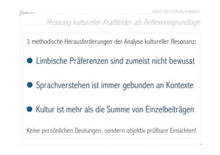 ARBEIT UND FÜHRUNG IM WANDEL 
Messung kultureller Kraftfelder als Reflexionsgrundlage 
40 
3 methodische Herausforderungen der Analyse kultureller Resonanz: 
Limbische Präferenzen sind zumeist nicht bewusst 
Sprachverstehen ist immer gebunden an Kontexte 
Kultur ist mehr als die Summe von Einzelbeiträgen 
Keine persönlichen Deutungen, sondern objektiv prüfbare Einsichten! 
 