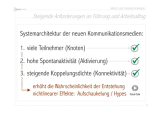 Steigende Anforderungen an Führung und Arbeitsalltag 
8 
ARBEIT UND FÜHRUNG IM WANDEL 
Systemarchitektur der neuen Kommunikationsmedien: 
1. viele Teilnehmer (Knoten) 
2. hohe Spontanaktivität (Aktivierung) 
3. steigende Koppelungsdichte (Konnektivität) 
erhöht die Wahrscheinlichkeit der Entstehung 
nichtlinearer Effekte: Aufschaukelung / Hypes 
Coca Cola 
 