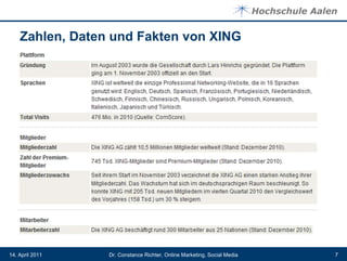 Zahlen, Daten und Fakten von XING




14. April 2011   Dr. Constance Richter, Online Marketing, Social Media   7
 