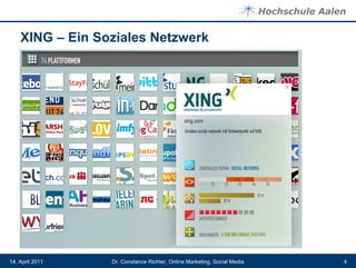XING – Ein Soziales Netzwerk




14. April 2011   Dr. Constance Richter, Online Marketing, Social Media   4
 