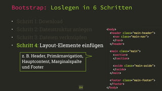 Bootstrap: Loslegen in 6 Schritten 
• Schritt 1: Download 
• Schritt 2: Dateistruktur anlegen 
• Schritt 3: Dateien verknüpfen 
• Schritt 4: Layout-Elemente einfügen 
z. B. Header, Primärnavigation, 
Hauptcontent, Marginalspalte 
und Footer 
84 
 