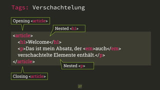 Tags: Verschachtelung 
<article> 
<h1>Welcome</h1> 
<p>Das ist mein Absatz, der <em>auch</em> 
verschachtelte Elemente enthält.</p> 
</article> 
27 
Opening <article> 
Closing <article> 
Nested <h1> 
Nested <p> 
 
