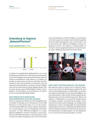 sowie Einzelarbeitsplätze im Bahnhof verfügbar. So kann Wartezeit
als Arbeitszeit genutzt und Sitzungen zentral am Bahnhof abgehalten
werden. Die beiden Businesspoints in Bern und Genf stehen, dank
der Partnerschaft, allen XING-Premium-Mitgliedern kostenlos zur
Verfügung. Sie dürfen unser Angebot an Einzelarbeitsplätzen im
„Think pod” und den Lounge-Bereich täglich für zwei Stunden kosten-
los nutzen – WLAN-Zugriff sowie Kaffee und Früchte inklusive.
XING startet Selbstbuchungstool für Anzeigen
Mitte September haben wir darüber hinaus im Teilbereich Adverti-
sing eine neue Funktion für Werbetreibende vorgestellt. Mit dieser
kann das selbstständige Bewerben von XING-Inhalten, wie beispiels-
weise Stellenausschreibungen oder auch bestimmten Mitglieder- oder
Unternehmensprofilen, einfach, schnell und effizient gestaltet werden.
Werbetreibenden wird zudem die Bewerbung externer Websites und
Angebote im XING-Netzwerk mit den speziellen Anzeigen bequem
und zielgenau ermöglicht. Zur Auslieferung der Anzeigen wird ein
automatisiertes Auktionsmodell herangezogen. Der Anzeigenersteller
hinterlegt dazu ein Gesamt- oder Tagesbudget. Die entsprechende Be-
zahlung erfolgt per Klick oder je Einblendung. Alle Werbetreibenden
erhalten umfangreiche Statistiken zur Performancemessung und wei-
teren Optimierung der Anzeigenkampagnen. Die neue Anzeigenfunk-
tion ist ab sofort unter www.xing.com/anzeigen zu erreichen.
Entwicklung im Segment
„Network/Premium“
Umsatz „Network/Premium“ (in Mio. €)
Q3 2013 Q3 2014
13,70
15,61+14 %
Im Segment der kostenpflichtigen Mitgliedschaften ist die erneute
Beschleunigung des Wachstums in vollem Gange. Seit Vorstellung der
neuen Premium-Angebote und Anpassung der Preisstruktur ziehen die
Umsätze im Geschäftsbereich wieder deutlich an. So erhöhten sich
die Erlöse im dritten Quartal um 14 Prozent auf 15,61 Mio. € (Q3 2013:
13,70 Mio. €). Dabei wird das Wachstum im Wesentlichen durch die
Steigerung des durchschnittlichen monatlichen Umsatzes je Mitglied
sowie durch die stabile Zunahme zahlender Mitglieder getragen. Ende
des dritten Quartals nutzten 855.000 Mitglieder weltweit, darunter
833.000 in der D-A-CH-Region, die Zusatzfunktionen und weiteren
Services der kostenpflichtigen Mitgliedschaften.
XING-Premium-Mitglieder nutzen
SBB-Businesspoints ab sofort kostenlos
Bereits seit einiger Zeit bietet XING seinen Premium-Mitgliedern Orte
zum Arbeiten, für Meetings oder zur Entspannung in Form der XING
Workspaces. Im dritten Quartal haben wir nun mit der Schweize-
rischen Bundesbahn (SBB) einen weiteren attraktiven Partner gefun-
den, um dieses Angebot nun auch von Deutschland auf die Schweiz
auszuweiten. So haben XING-Premium-Mitglieder seit wenigen
Monaten die Möglichkeit, ihre Arbeit im Anschluss an einen Flug von
Berlin nach Bern flexibel fortzusetzen. In den Businesspoints in Bern
und Genf sind moderne Sitzungszimmer (von 2 bis zu 40 Personen)
XING AG
Zwischenbericht Q3 2014
1102. Konzern-Zwischenlagebericht
Geschäftsverlauf
Entwicklung im Segment „Network/Premium“
 