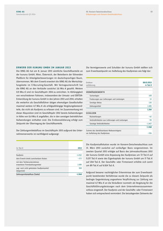 Erwerb der kununu GmbH im Januar 2013
Die XING AG hat am 8. Januar 2013 sämtliche Geschäftsanteile an
der kununu GmbH, Wien, Österreich, der Betreiberin der führenden
Plattform für Arbeitgeberbewertungen im deutschsprachigen Raum,
übernommen. Mit dem Erwerb erweitert die XING AG die Wertschöp-
fungskette im E-Recruiting-Geschäft. Mit Vertragsunterschrift hat
die XING AG an den Verkäufer zunächst 3,6 Mio. € gezahlt. Weitere
0,9 Mio. € sind im Geschäftsjahr 2014 zu entrichten. In Abhängigkeit
von verschiedenen Faktoren, insbesondere der Umsatz- und EBITDA-
Entwicklung der kununu GmbH in den Jahren 2013 und 2014, erhalten
die weiterhin als Geschäftsführer tätigen ehemaligen Gesellschafter
maximal weitere 4,7 Mio. € als erfolgsabhängige Vergütungsbestand-
teile, die nicht als Kaufpreis zu erfassen sind. Im Zusammenhang mit
dieser Akquisition sind im Geschäftsjahr 2012 bereits Aufwendungen
in Höhe von 0,4 Mio. € angefallen, die in den sonstigen betrieblichen
Aufwendungen enthalten sind. Die Erstkonsolidierung erfolgt zum
Zeitpunkt der Übertragung der Geschäftsanteile.
Der Zahlungsmittelabfluss im Geschäftsjahr 2013 aufgrund des Unter-
nehmenserwerbs ist nachfolgend aufgezeigt:
In Tsd. € 2013
Kaufpreis –4.562
dem Erwerb direkt zurechenbare Kosten –372
mit dem Tochterunternehmen
erworbene Fremdzahlungsmittel 1.085
zzgl. noch nicht geleisteter Kaufpreisanteil
(abgezinst)
900
Zahlungsmittelabfluss (Saldo) –2.949
Die Vermögenswerte und Schulden der kununu GmbH stellten sich
zum Erwerbszeitpunkt vor Aufteilung des Kaufpreises wie folgt dar:
Erstkon-
solidierung
08.01.2013
in Tsd. €
Vermögenswerte
Sachanlagen 109
Forderungen aus Lieferungen und Leistungen 15
Sonstige Aktiva 135
Zahlungsmittel 1.085
1.344
Schulden
Rückstellungen –42
Verbindlichkeiten aus Lieferungen und Leistungen –99
Sonstige Verbindlichkeiten –1.407
–1.548
Summe des identifizierbaren Nettovermögens
vor Aufteilung des Kaufpreises –204
Die Kaufpreisallokation wurde im Konzern-Zwischenabschluss zum
31. März 2013 zunächst auf vorläufiger Basis vorgenommen. Im
zweiten Quartal 2013 erfolgte auf Basis des Jahresabschlusses 2012
der kununu GmbH eine Anpassung des Kaufpreises um 72 Tsd. € auf
9.317 Tsd. € sowie des Eigenkapitals der kununu GmbH um 17 Tsd. €
auf 204 Tsd. €. Der Geschäfts- oder Firmenwert erhöhte sich somit
um 89 Tsd. € auf 6.924 Tsd. €.
Aufgrund besserer nachträglicher Erkenntnisse der zum Erwerbszeit-
punkt bestehenden Verhältnisse wurde die zu diesem Zeitpunkt als
bedingte Gegenleistung angesehene Verpflichtung zur Zahlung von
maximal 4,7 Mio. € an die Veräußerer nunmehr als Vergütung für die
Geschäftsführungsleistungen nach dem Unternehmenszusammen-
schluss eingestuft. Der Kaufpreis und der Geschäfts- oder Firmenwert
haben sich entsprechend vermindert. Die beizulegenden Zeitwerte der
XING AG
Zwischenbericht Q3 2014
2503. Konzern-Zwischenabschluss
Erläuterungen zum Konzern-Zwischenabschluss
 