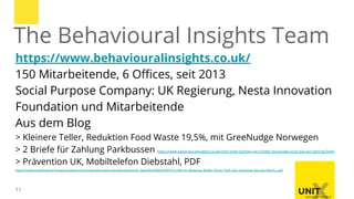 11
https://www.behaviouralinsights.co.uk/
150 Mitarbeitende, 6 Offices, seit 2013
Social Purpose Company: UK Regierung, Nesta Innovation
Foundation und Mitarbeitende
Aus dem Blog
> Kleinere Teller, Reduktion Food Waste 19,5%, mit GreeNudge Norwegen
> 2 Briefe für Zahlung Parkbussen https://www.behaviouralinsights.co.uk/north-america/how-can-a-letter-encourage-us-to-pay-our-parking-fines/
> Prävention UK, Mobiltelefon Diebstahl, PDF
https://assets.publishing.service.gov.uk/government/uploads/system/uploads/attachment_data/file/509855/PRINT-6-1946-HO-Reducing_Mobile_Phone_Theft_and_Improving_Security_March....pdf
The Behavioural Insights Team
 