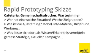 13
Cafeteria, Gemeinschaftsdrucker, Wartezimmer
> Wer hat eine solche Situation? Welche Zielgruppen?
> Wie ist die Ausstattung? Möbel, Info-Material, Bilder und
Werbung…
> Was liesse sich dort als Wissen/Erkenntnis vermitteln -
gemäss Strategie, aktueller Kampagne...
Rapid Prototyping Skizze
 