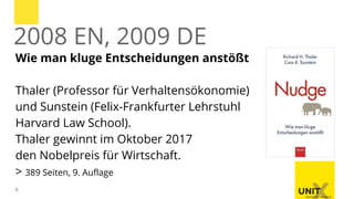6
Wie man kluge Entscheidungen anstößt
Thaler (Professor für Verhaltensökonomie)
und Sunstein (Felix-Frankfurter Lehrstuhl
Harvard Law School).
Thaler gewinnt im Oktober 2017
den Nobelpreis für Wirtschaft.
> 389 Seiten, 9. Auflage
2008 EN, 2009 DE
 