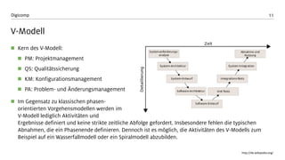 11 
Digicomp 
V-Modell 
Kern des V-Modell: 
PM: Projektmanagement 
QS: Qualitätssicherung 
KM: Konfigurationsmanagement 
PA: Problem-und Änderungsmanagement 
Im Gegensatz zu klassischen phasen- orientierten Vorgehensmodellen werden imV-Modell lediglich Aktivitäten und Ergebnisse definiert und keine strikte zeitliche Abfolge gefordert. Insbesondere fehlen die typischen Abnahmen, die ein Phasenende definieren. Dennoch ist es möglich, die Aktivitäten des V-Modells zum Beispiel auf ein Wasserfallmodell oder ein Spiralmodell abzubilden. 
http://de.wikipedia.org/  