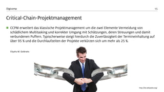 15 
Digicomp 
Critical-Chain-Projektmanagement 
CCPM erweitert das klassische Projektmanagement um die zwei Elemente Vermeidung von schädlichem Multitasking und korrekter Umgang mit Schätzungen, deren Streuungen und damit verbundenen Puffern. Typischerweise steigt hierdurch die Zuverlässigkeit der Termineinhaltung auf über 95 % und die Durchlaufzeiten der Projekte verkürzen sich um mehr als 25 %. 
http://de.wikipedia.org/ 
EliyahuM. Goldratts  