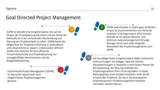 16 
Digicomp 
Goal DirectedProject Management 
ZGPM sieht Projekte in einem ganz-heitlichenAnsatz als Zusammenwirken von Personal, Systemen und Organisation (PSO-Ansatz). Deshalb ist ein aktives Wissens-und Kommuni-kationsmanagement(Change Manage-ment) auch stets integraler Bestandteil des Projektmanagements nach ZGPM. 
Die Grundlage dieser Vorgehensweise bilden statistische Untersuchungen, die belegen, dass die meisten Planabweichungen in Projekten in den frühen Phasen bei der Zielsetzung, der Planung und/oder der Projektorganisation ihren Ursprung haben. In dieser Planungsphase eines Projekts entstehen mehr als 80 Prozent aller Probleme, die durch die konsequente Anwendung einer Projektmanagement-methodik vermieden werden können. 
Goal DirectedProject Management (GDPM), im deutschen Sprachraum auch Zielgerichtetes Projektmanagement genannt. 
1 
2 
3 
4 
ZGPM ist deshalb eine Vorgehensweise, die auf die Phasen der Projektplanung fokussiert und die Stärke der Methodik ist in der umfassenden Beschreibung und Planung des Projektverlaufs zu sehen. GDPM bietet die Möglichkeit die Projektdurchführung zu kontrollieren und entsprechend zu steuern. Insbesondere definiert ZGPM einen Rahmen für eine effiziente Fortschrittskontrolle und Projektsteuerung, ein aussagekräftiges Berichtswesen und die Budgetüberwachung.  