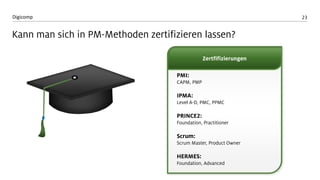 23 
Digicomp 
Zertfifizierungen 
PMI: CAPM, PMP 
IPMA: Level A-D, PMC, PPMC 
PRINCE2: Foundation, Practitioner 
Scrum: Scrum Master, Product Owner 
HERMES: Foundation, Advanced 
Kann man sich in PM-Methoden zertifizieren lassen?  