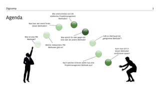 3 
Digicomp 
Agenda 
Was ist eine PM Methode? 
Welche «bekannten» PM- Methoden gibt es? 
Was bzw. wer steckt hinter diesen Methoden? 
Wie unterschieden sich die etablierten Projektmanagement Methoden? 
Was spricht für oder gegen die eine oder die andere Methode? 
Gibt es überhaupt die „geeignetste Methode“? 
Nach welchen Kriterien wählt man eine Projektmanagement Methode aus? 
Kann man sich in diesen Methoden zertifizieren lassen?  