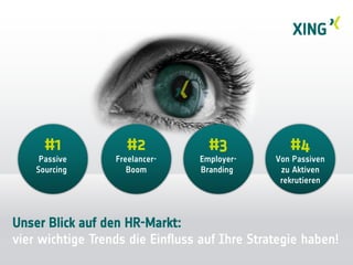 Inhaltsverzeichnis
#1
Passive
Sourcing
#2
Freelancer-
Boom
#3
Employer-
Branding
#4
Von Passiven
zu Aktiven
rekrutieren
Unser Blick auf den HR-Markt:
vier wichtige Trends die Einfluss auf Ihre Strategie haben!
 