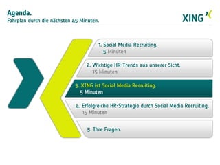 2. Wichtige HR-Trends aus unserer Sicht.
15 Minuten
3. XING ist Social Media Recruiting.
5 Minuten
4. Erfolgreiche HR-Strategie durch Social Media Recruiting.
15 Minuten
Agenda.
Fahrplan durch die nächsten 45 Minuten.
1. Social Media Recruiting.
5 Minuten
5. Ihre Fragen.
 