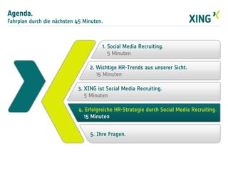 2. Wichtige HR-Trends aus unserer Sicht.
15 Minuten
3. XING ist Social Media Recruiting.
5 Minuten
4. Erfolgreiche HR-Strategie durch Social Media Recruiting.
15 Minuten
Agenda.
Fahrplan durch die nächsten 45 Minuten.
1. Social Media Recruiting.
5 Minuten
5. Ihre Fragen.
 