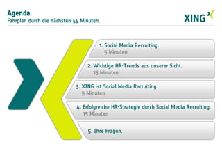 2. Wichtige HR-Trends aus unserer Sicht.
15 Minuten
3. XING ist Social Media Recruiting.
5 Minuten
4. Erfolgreiche HR-Strategie durch Social Media Recruiting.
15 Minuten
Agenda.
Fahrplan durch die nächsten 45 Minuten.
1. Social Media Recruiting.
5 Minuten
5. Ihre Fragen.
 