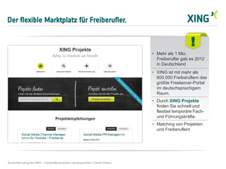 Der flexible Marktplatz für Freiberufler.
Social Recruiting bei XING – Fachkräfte erreichen und ansprechen // David Vitrano
!
• Mehr als 1 Mio.
Freiberufler gab es 2012
in Deutschland
• XING ist mit mehr als
600.000 Freiberuflern das
größte Freelancer-Portal
im deutschsprachigem
Raum.
• Durch XING Projekte
finden Sie schnell und
flexibel temporäre Fach-
und Führungskräfte.
• Matching von Projekten
und Freiberuflern
 