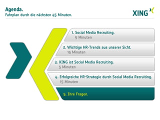 2. Wichtige HR-Trends aus unserer Sicht.
15 Minuten
3. XING ist Social Media Recruiting.
5 Minuten
4. Erfolgreiche HR-Strategie durch Social Media Recruiting.
15 Minuten
Agenda.
Fahrplan durch die nächsten 45 Minuten.
1. Social Media Recruiting.
5 Minuten
5. Ihre Fragen.
 