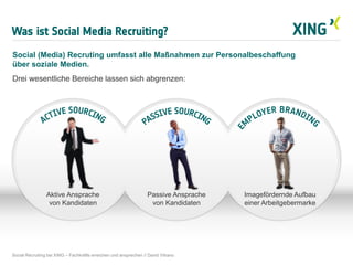 Was ist Social Media Recruiting?
Social (Media) Recruting umfasst alle Maßnahmen zur Personalbeschaffung
über soziale Medien.
Drei wesentliche Bereiche lassen sich abgrenzen:
Social Recruiting bei XING – Fachkräfte erreichen und ansprechen // David Vitrano
Passive Ansprache
von Kandidaten
Imagefördernde Aufbau
einer Arbeitgebermarke
Aktive Ansprache
von Kandidaten
 