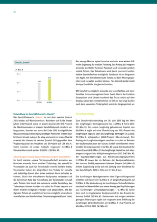 Nur wenige Monate später launchte amiando eine weitere hilf-
reiche Ergänzung für mobiles Ticketing. Seit Anfang Juli integriert
amiando die Wallet-Funktion Passbook und versendet seitdem
mobile Tickets. Den Teilnehmern wird damit eine noch komfor-
tablere Eventteilnahme ermöglicht. Passbook ist ein Programm
von Apple, mit dem elektronische Tickets auf dem iPhone gespei-
chert und verwaltet werden können. Für Android-Geräte bietet
die App PassWallet die gleiche Funktion.
Mit EasyEntry ermöglicht amiando ein vereinfachtes und kom-
fortables Einlassmanagement beim Event. Durch die Funktion
Geoposition und Uhrzeit erscheint das Ticket sofort auf dem
Display, sobald der Eventteilnehmer vor Ort ist. Das lange Suchen
nach dem passenden Ticket gehört somit der Vergangenheit an.
Vermögenslage
Zum Zwischenbilanzstichtag am 30. Juni 2013 lag der Wert
der langfristigen Vermögenswerte bei 34,1 Mio. € (31.12.2012:
23,1 Mio. €). Bei einem langfristig gebundenen Kapital von
60,0 Mio. € ergibt sich eine Überdeckung von 176,3 Prozent des
langfristigen Kapitals über das langfristige Vermögen (31.12.2012:
55,5 Mio. € entsprechen 240,8 Prozent Überdeckung). Der
Anstieg des Langfristvermögens resultiert aus den im Rahmen
der Kauf­preisallokation der kununu GmbH identifizierten imma-
teriellen Vermögenswerten (+3,2 Mio. €) sowie dem Goodwill für
diesen Erwerb (+6,9 Mio. €). Das langfristige Kapital hat sich über-
wiegend aufgrund des Halbjahresergebnisses 2013 (+4,7 Mio. €),
der Kapitaleinzahlungen aus Aktienoptionsprogrammen
(+1,7 Mio. €) sowie der im Rahmen der Kaufpreisallokation
der kununu GmbH passivierten latenten Steuern (+0,8 Mio. €)
erhöht. Gegenläufig wirkte sich die Zahlung einer Dividende für
das Geschäftsjahr 2013 in Höhe von 3,1 Mio. € aus.
Die kurzfristigen Vermögenswerte ohne Eigenzahlungsmittel
erhöhten sich leicht von 10,4 Mio. € im Vergleichszeitpunkt auf
11,2 Mio. €. Die Veränderung der kurzfristigen Verbindlichkeiten
resultiert im Wesentlichen aus einem Anstieg der Verpflichtungen
aus kurzfristigen Umsatzabgrenzungen (+5,3 Mio. €) sowie
dem noch nicht geleisteten Kaufpreisanteil für den Erwerb der
kununu GmbH (5,7 Mio. €). Gemeinsam mit einigen weiteren
geringen Änderungen ergibt sich insgesamt eine Erhöhung der
kurzfristigen Verbindlichkeiten um 12,9 Mio. € (35,2 Prozent) auf
49,6 Mio. € (31.12.2012: 36,7 Mio. €).
Entwicklung im Geschäftsbereich „Events“
Der Geschäftsbereich „Events“ ist seit dem zweiten Quartal
2013 wieder auf Wachstumskurs. Nachdem sich Ende letzten
Jahres (+22 Prozent) sowie im ersten Quartal 2013 (+5 Prozent)
die Wachstumsraten in diesem Geschäftsbereich deutlich ver-
langsamten, konnten wir dank der Ende 2012 durchgeführten
Neuausrichtung und Besetzung wichtiger Positionen wieder deut-
lich beim Umsatz zulegen. So stieg wie bereits im ersten Quartal
erwartet der Umsatz im zweiten Quartal 2013 gegenüber dem
Vergleichsquartal des Vorjahres um 35 Prozent auf 1,36 Mio. €.
Somit konnten im ersten Halbjahr insgesamt 2,43 Mio. €
Umsatzerlöse erzielt werden (HJ 2012: 2,03 Mio. €).
amiando goes mobile: Das Eventticket auf dem Smartphone
Im April startete unsere Tochtergesellschaft amiando aus
München erstmals ihren mobilen Ticketshop, der sowohl für
Veranstalter als auch für Ticketkäufer enorme Vorteile bietet.
Veranstalter haben die Möglichkeit ihre Tickets für aktuelle
und zukünftige Events über einen weiteren Kanal anbieten zu
können. Durch den erleichterten Kaufprozess verbessert sich
die Conversion Rate des Ticketshops, der Veranstalter verkauft
mehr Tickets. Und durch die optimierte mobile Darstellung des
Ticketshops können Kunden ab sofort ihr Ticket bequem auf
ihrem mobilen Endgerät erwerben und abspeichern. Mit den
digitalen Tickets als zusätzlichen Service ermöglicht amiando ein
vereinfachtes und komfortables Einlassmanagement beim Event.
2,43
3
2
1
0
2,03
in Mio. €
HJ 2012 HJ 2013
Umsatz „Events“
12
 