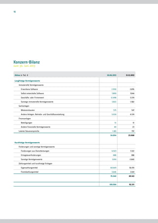 Konzern-Bilanz
zum 30. Juni 2013
Aktiva in Tsd. € 30.06.2013 31.12.2012
Langfristige Vermögenswerte
	 Immaterielle Vermögenswerte
		 Erworbene Software 2.950 2.876
		 Selbst entwickelte Software 7.899 7.044
		 Geschäfts- oder Firmenwert 12.498 5.574
		 Sonstige immaterielle Vermögenswerte 3.822 1.582
	Sachanlagen
		Mietereinbauten 575 547
		 Andere Anlagen, Betriebs- und Geschäftsausstattung 5.034 4.574
	Finanzanlagen
		Beteiligungen 51 51
		 Andere finanzielle Vermögenswerte 40 23
	 Latente Steueransprüche 1.185 797
34.054 23.068
Kurzfristige Vermögenswerte
	 Forderungen und sonstige Vermögenswerte
		 Forderungen aus Dienstleistungen 6.923 7.322
		Ertragsteuerforderungen 488 388
		 Sonstige Vermögenswerte 3.814 2.660
	 Zahlungsmittel und kurzfristige Einlagen
		Eigenzahlungsmittel 60.669 56.159
		Fremdzahlungsmittel 3.646 2.614
75.540 69.143
109.594 92.211
16
 