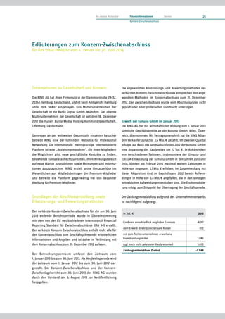 Informationen zu Gesellschaft und Konzern
Die XING AG hat ihren Firmensitz in der Dammtorstraße 29–32,
20354 Hamburg, Deutschland, und ist beim Amtsgericht Hamburg
unter HRB 98807 eingetragen. Das Mutterunternehmen der
Gesellschaft ist die Burda Digital GmbH, München. Das oberste
Mutterunternehmen der Gesellschaft ist seit dem 18. Dezember
2012 die Hubert Burda Media Holding Kommanditgesellschaft,
Offenburg, Deutschland.
Gemessen an der weltweiten Gesamtzahl einzelner Besucher
betreibt XING eine der führenden Websites für Professional
Networking. Die internationale, mehrsprachige, internetbasierte
Plattform ist eine „Beziehungsmaschine“, die ihren Mitgliedern
die Möglichkeit gibt, neue geschäftliche Kontakte zu finden,
bestehende Kontakte aufrechtzuerhalten, ihren Wirkungsbereich
auf neue Märkte auszudehnen sowie Meinungen und Informa­
tionen auszutauschen. XING erzielt seine Umsatzerlöse im
Wesentlichen aus Mitgliedsbeiträgen der Premium-Mitglieder
und betreibt die Plattform gegenwärtig frei von bezahlter
Werbung für Premium-Mitglieder.
Grundlagen der Abschlusserstellung sowie
Bilanzierungs- und Bewertungsmethoden
Der verkürzte Konzern-Zwischenabschluss für die am 30. Juni
2013 endende Berichtsperiode wurde in Übereinstimmung
mit dem von der EU verabschiedeten International Financial
Reporting Standard für Zwischenabschlüsse (IAS 34) erstellt.
Der verkürzte Konzern-Zwischenabschluss enthält nicht alle für
den Konzernabschluss zum Geschäftsjahresende erforderlichen
Informationen und Angaben und ist daher in Verbindung mit
dem Konzernabschluss zum 31. Dezember 2012 zu lesen.
Der Betrachtungszeitraum umfasst den Zeitraum vom
1. Januar 2013 bis zum 30. Juni 2013. Als Vergleichsperiode wird
der Zeitraum vom 1. Januar 2012 bis zum 30. Juni 2012 dar-
gestellt. Der Konzern-Zwischenabschluss und der Konzern-
Zwischenlagebericht zum 30. Juni 2013 der XING AG wurden
durch den Vorstand am 6. August 2013 zur Veröffentlichung
freigegeben.
Die angewandten Bilanzierungs- und Bewertungsmethoden des
verkürzten Konzern-Zwischenabschlusses entsprechen den ange-
wandten Methoden im Konzernabschluss zum 31. Dezember
2012. Der Zwischenabschluss wurde vom Abschlussprüfer nicht
geprüft oder einer prüferischen Durchsicht unterzogen.
Erwerb der kununu GmbH im Januar 2013
Die XING AG hat mit wirtschaftlicher Wirkung zum 1. Januar 2013
sämtliche Geschäftsanteile an der kununu GmbH, Wien, Öster­
reich, übernommen. Mit Vertragsunterschrift hat die XING AG an
den Verkäufer zunächst 3,6 Mio. € gezahlt. Im zweiten Quartal
erfolgte auf Basis des Jahresabschlusses 2012 der kununu GmbH
eine Anpassung des Kaufpreises um 72 Tsd. €. In Abhängigkeit
von verschiedenen Faktoren, insbesondere der Umsatz- und
EBITDA-Entwicklung der kununu GmbH in den Jahren 2013 und
2014, können bis Februar 2015 maximal weitere Zahlungen in
Höhe von insgesamt 5,7 Mio. € erfolgen. Im Zusammenhang mit
dieser Akquisition sind im Geschäftsjahr 2012 bereits Auf­wen­
dungen in Höhe von 0,4 Mio. € angefallen, die in den sonsti­gen
betrieblichen Aufwendungen enthalten sind. Die Erstkonsolidie-
rung erfolgt zum Zeitpunkt der Übertragung der Geschäftsanteile.
Der Zahlungsmittelabfluss aufgrund des Unternehmenserwerbs
ist nachfolgend aufgezeigt:
in Tsd. € 2013
Kaufpreis einschließlich möglicher Earnouts -9.317
dem Erwerb direkt zurechenbare Kosten -372
mit dem Tochterunternehmen erworbene
Fremdzahlungsmittel 1.085
zzgl. noch nicht geleisteter Kaufpreisanteil 5.655
Zahlungsmittelabfluss (Saldo) -2.949
Erläuterungen zum Konzern-Zwischenabschluss
für das erste Halbjahr vom 1. Januar bis 30. Juni 2013
21An unsere Aktionäre Finanzinformationen Service
Konzern-Zwischenabschluss
 
