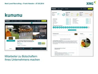 Next Level Recruiting – Frank Hassler – 07.05.2014
kununu
Mitarbeiter zu Botschaftern
Ihres Unternehmens machen
 