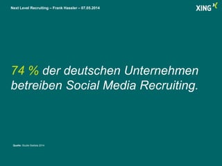 Next Level Recruiting – Frank Hassler – 07.05.2014
74 % der deutschen Unternehmen
betreiben Social Media Recruiting.
Quelle: Studie Statista 2014
 