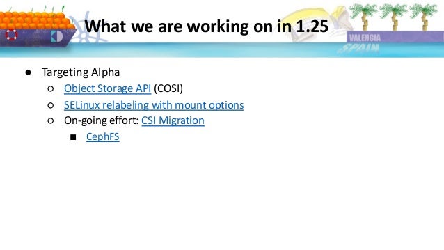 What we are working on in 1.25
● Targeting Alpha
○ Object Storage API (COSI)
○ SELinux relabeling with mount options
○ On-going effort: CSI Migration
■ CephFS
 