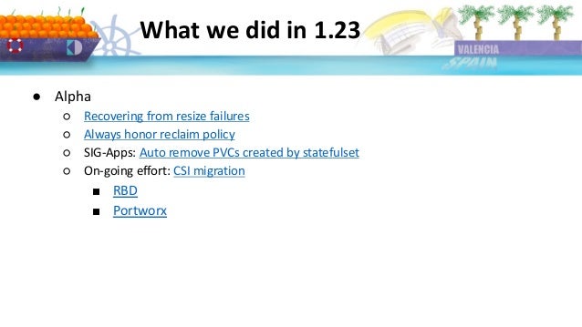 What we did in 1.23
● Alpha
○ Recovering from resize failures
○ Always honor reclaim policy
○ SIG-Apps: Auto remove PVCs created by statefulset
○ On-going effort: CSI migration
■ RBD
■ Portworx
 