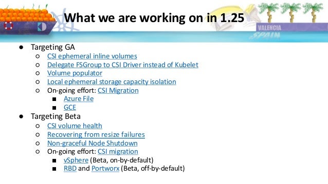 What we are working on in 1.25
● Targeting GA
○ CSI ephemeral inline volumes
○ Delegate FSGroup to CSI Driver instead of Kubelet
○ Volume populator
○ Local ephemeral storage capacity isolation
○ On-going effort: CSI Migration
■ Azure File
■ GCE
● Targeting Beta
○ CSI volume health
○ Recovering from resize failures
○ Non-graceful Node Shutdown
○ On-going effort: CSI migration
■ vSphere (Beta, on-by-default)
■ RBD and Portworx (Beta, off-by-default)
 