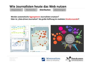 Wie Journalisten heute das Web nutzen
   Akquisition     Recherche 
                   Recherche       Distribution       übermorgen
                                   Distribution       übermorgen


  Werden automatische Aggregatoren Journalisten ersetzen?
  Oder ist „Data‐driven Journalism“ die große Hoffnung im medialen Strukturwandel?




Alexander Gerber
13.09.2010
Xinnovations
 