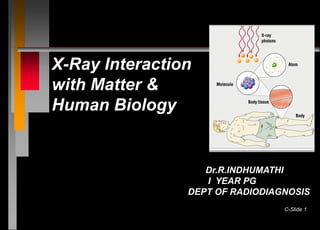 C-Slide 1
X-Ray Interaction
with Matter &
Human Biology
Dr.R.INDHUMATHI
I YEAR PG
DEPT OF RADIODIAGNOSIS
 